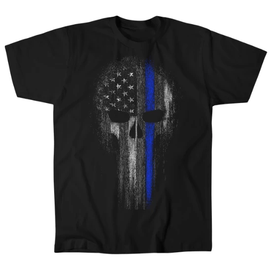 Thin Blue Line Skull Support Police Officer Mens T-Shirt