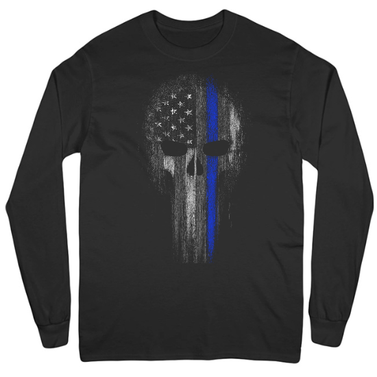 Thin Blue Line Skull Support Police Officer Mens Long Sleeve T-Shirt