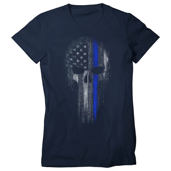 Thin Blue Line Skull Support Police Officer Womens T-Shirt
