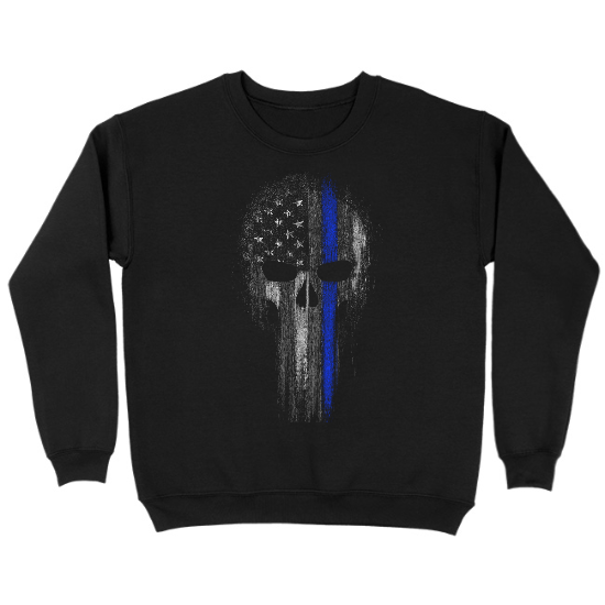 Thin Blue Line Skull Support Police Officer Kids Crewneck Sweatshirt