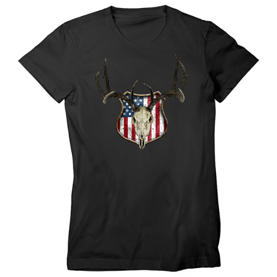 American Flag Mounted Deer Skull Womens T-Shirt