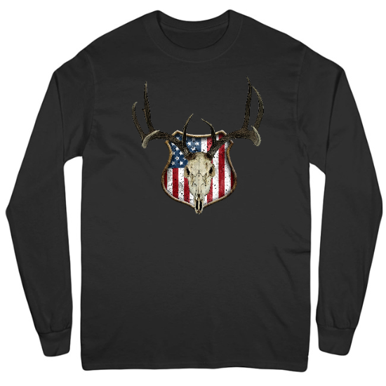 American Flag Mounted Deer Skull Mens Long Sleeve T-Shirt